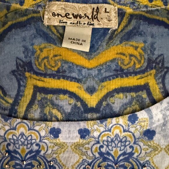 One World Live and Let Live Blue Paisley Short Sleeve Top Size L - Picture 8 of 11